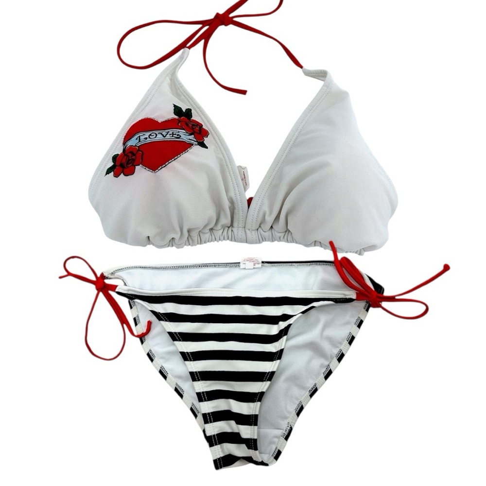 Xhilaration Tattoo Bikini Heart Black White Striped Red Bikini Top XL Bottom L